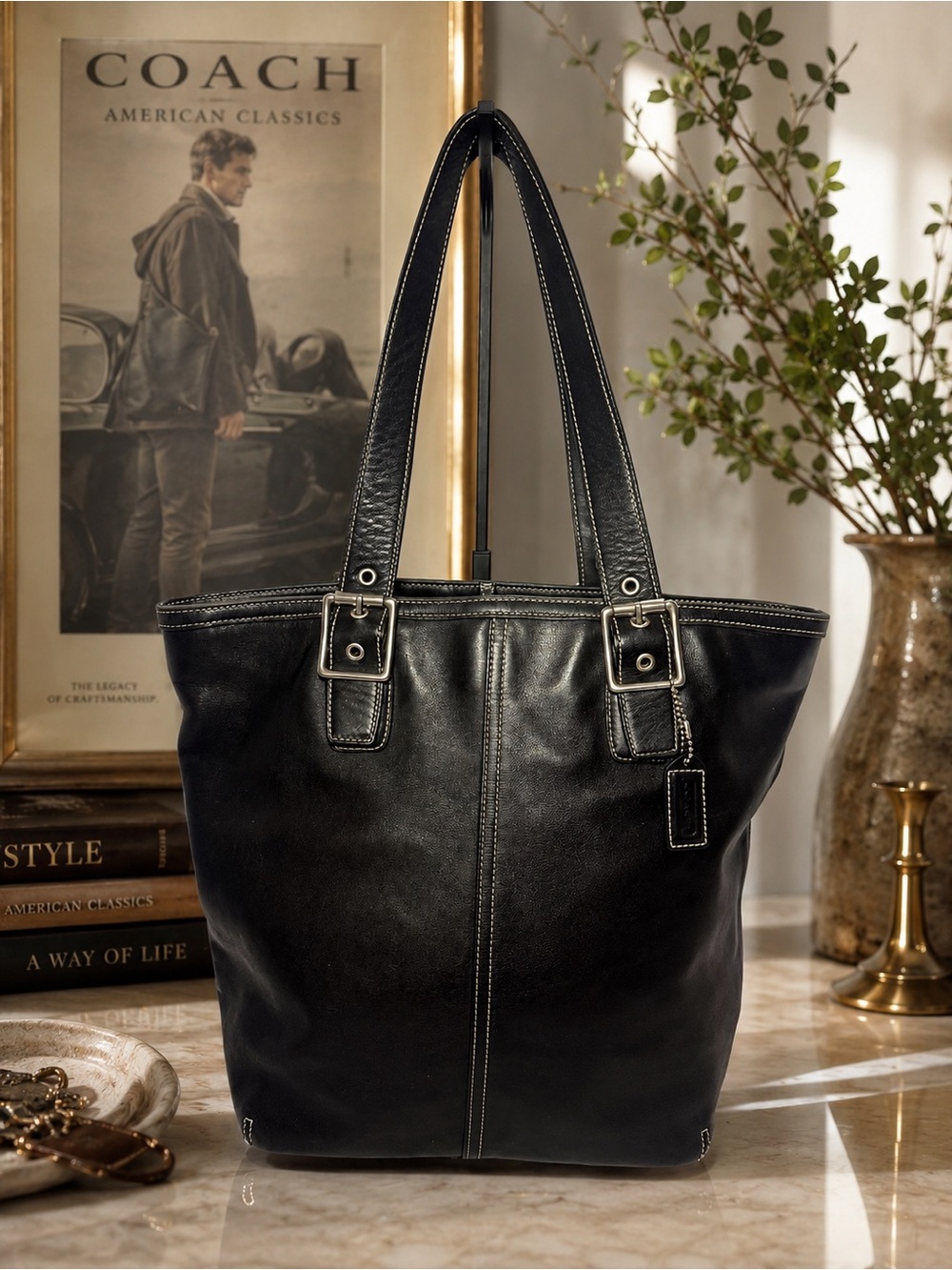 Vintage 2003 Coach Hamptons Black Leather Tote • Style 9573 • Y2K Coach